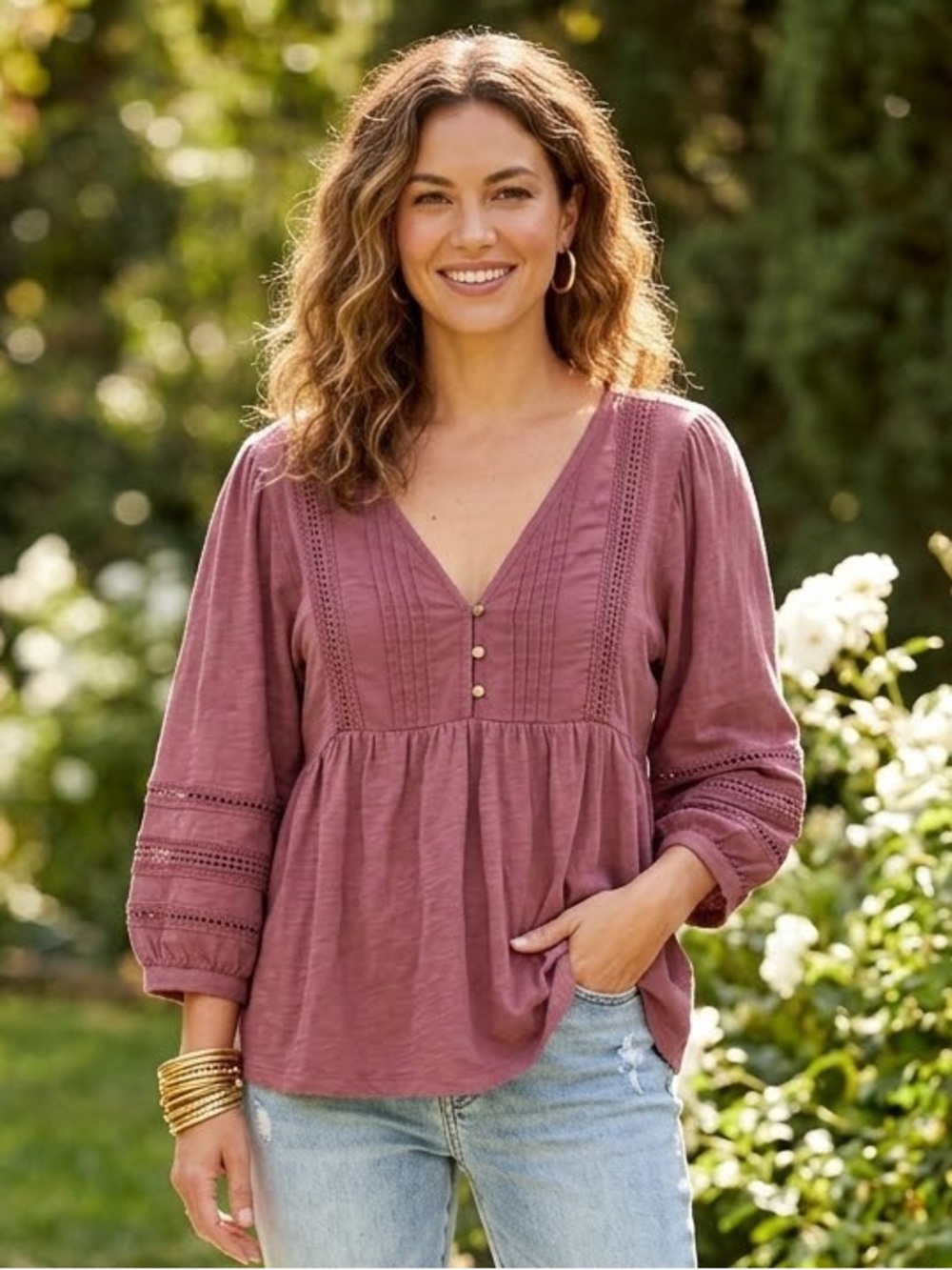 Anthropologie Burgundy Crochet Peasant Top M